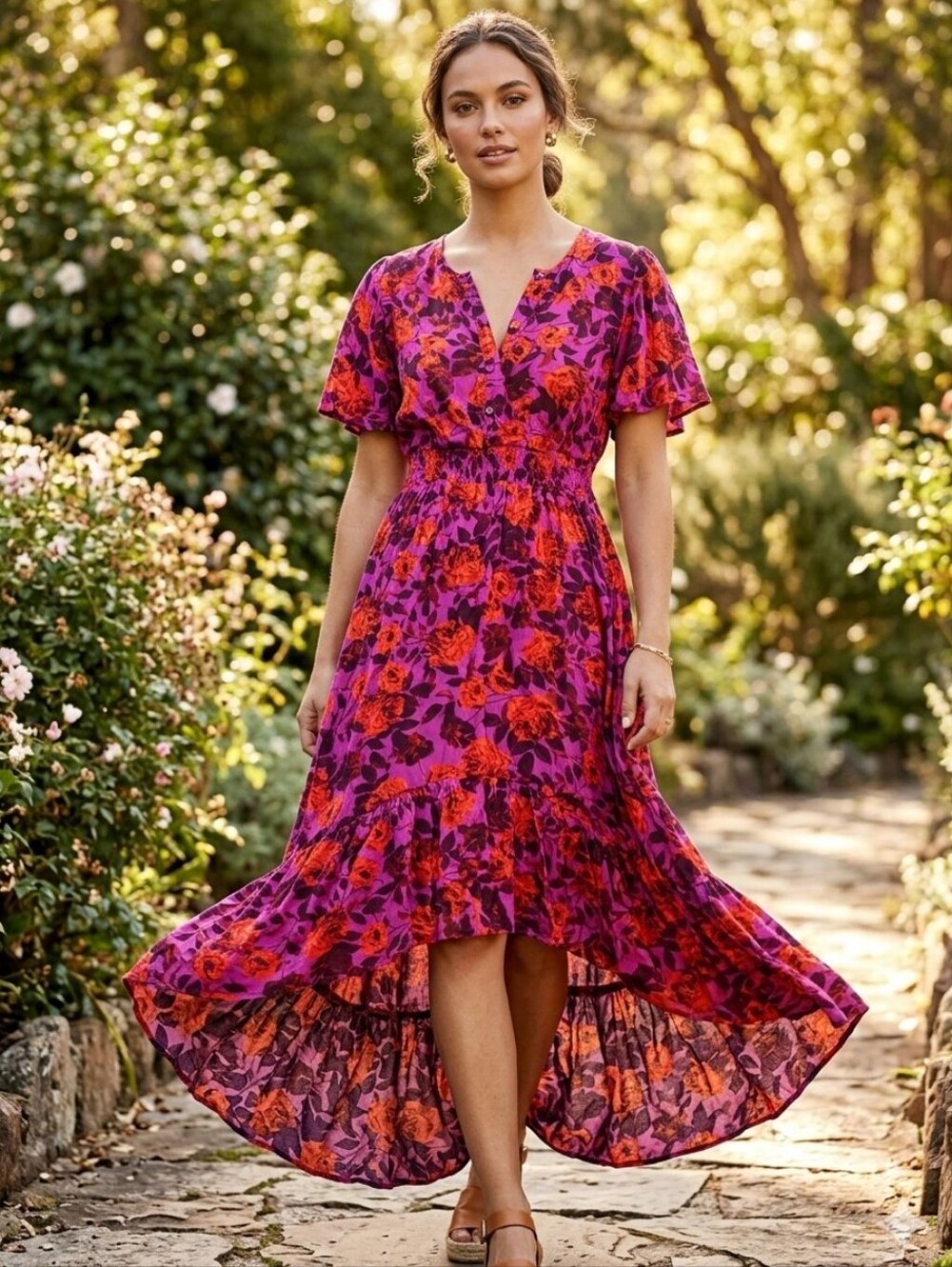 Abel the Label Purple Reign Floral Flutter Sleeve Hi-Low Maxi Dress NWT M